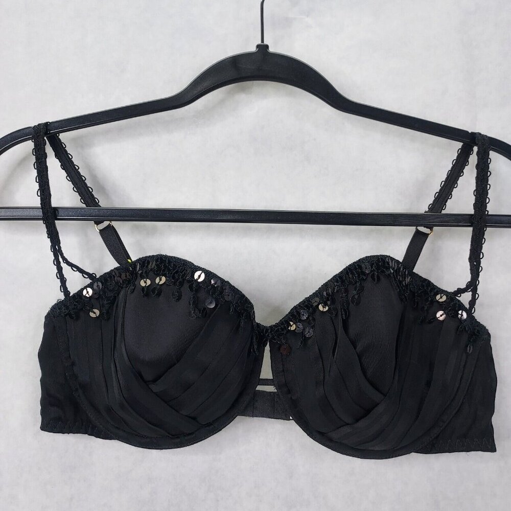 Victoria Secret Bra 36C Very Sexy Lined Demi Sequins Satin Stripe Black Padded